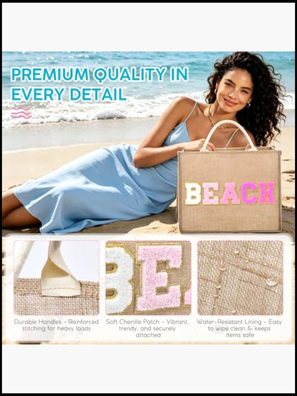Large Woven Straw Tote Beach Bag with Chenille Patches Water-Resistant Lining - Picture 6 of 7